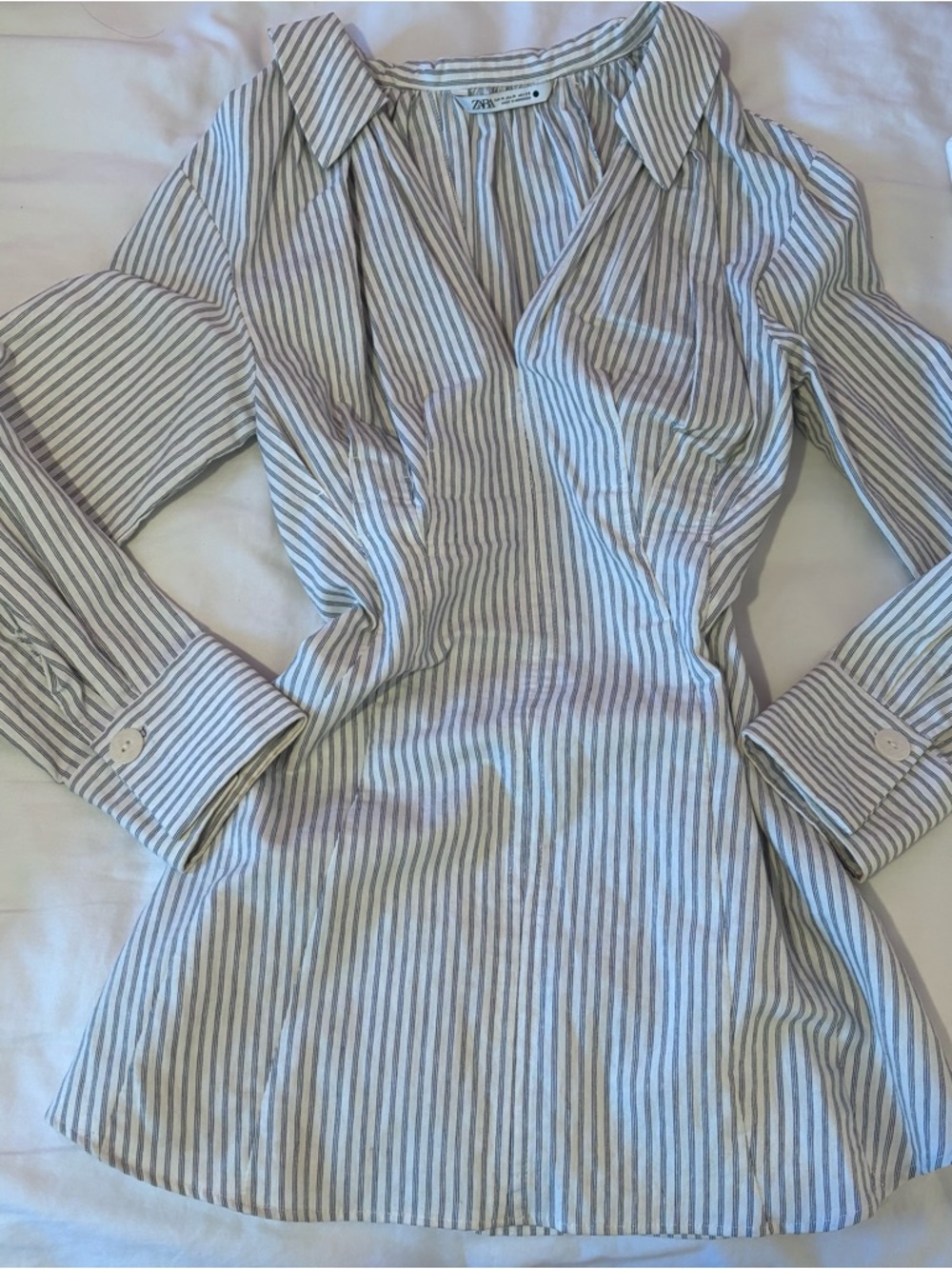 Zara White and Blue Striped Long Sleeve Shirt Dress